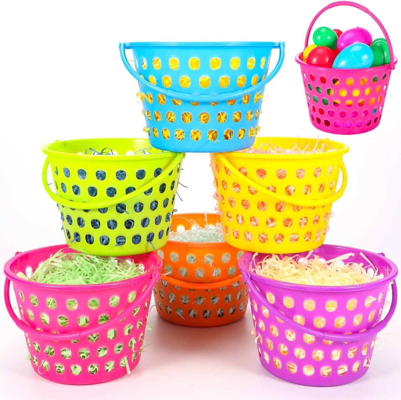 6 Pack Easter Baskets for Kids, 8.6" Plastic Easter Bags with Handles, Easter Bucket Bags Filled with Grass, Perfect Theme Party Favors Decorations